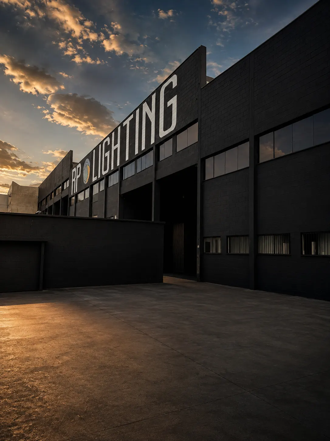 RP Lighting headquarters facade at dusk